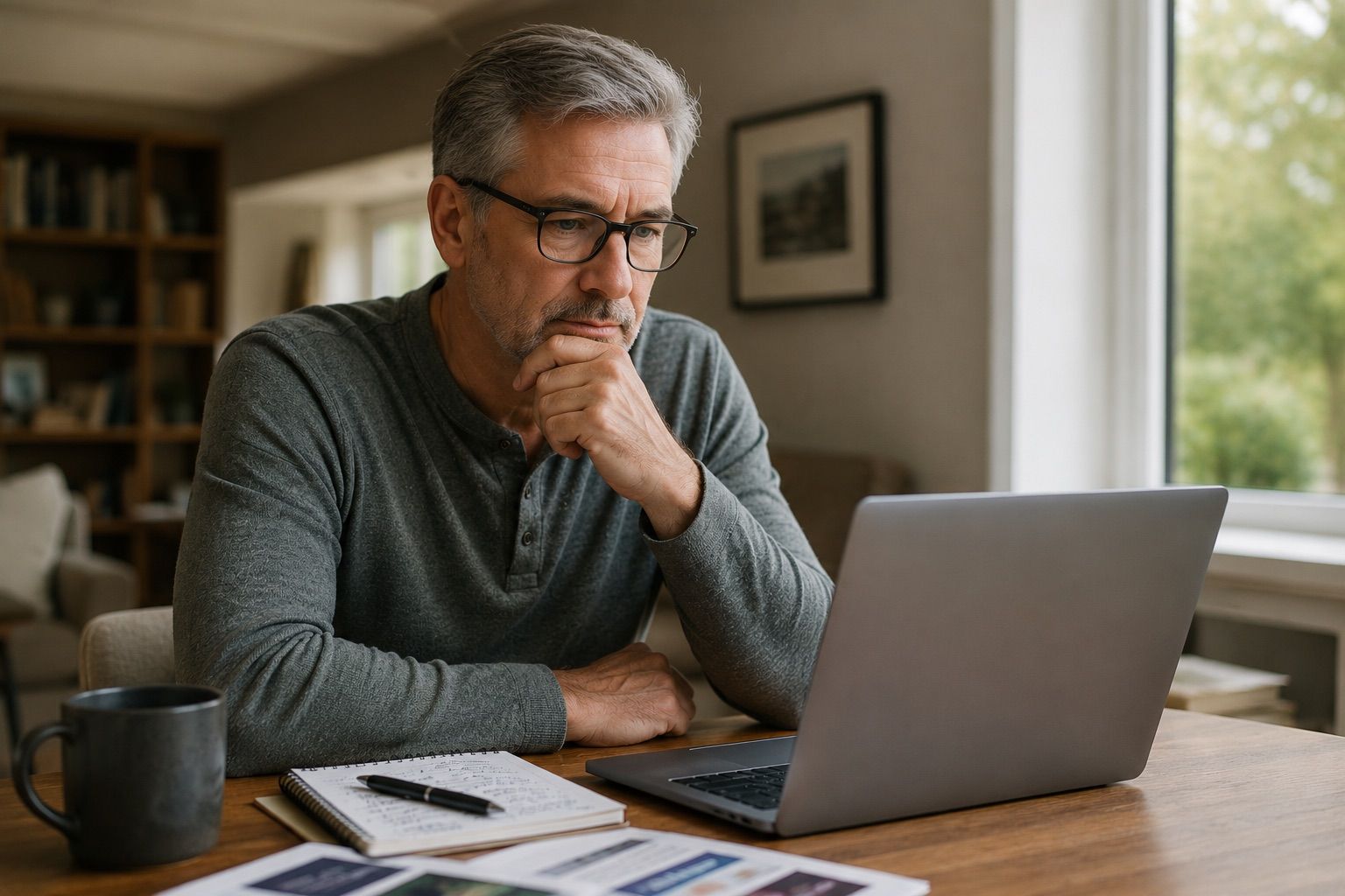 A mature man sitting at home with a laptop and notebook, thoughtfully comparing online dating apps in a calm indoor setting.
