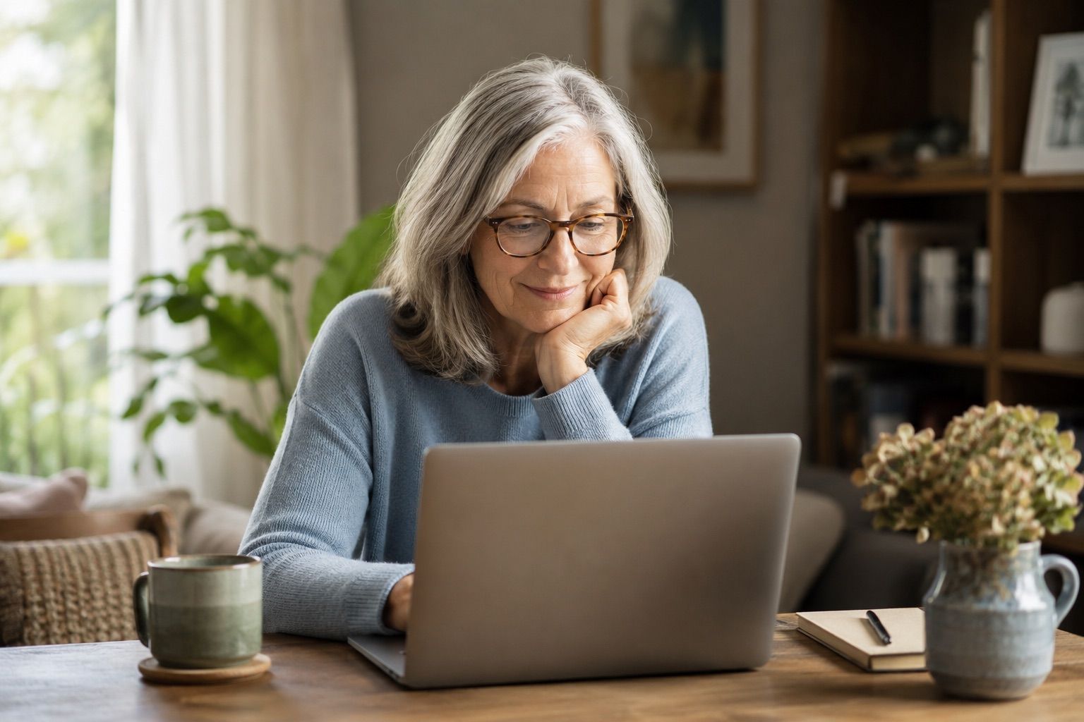 A mature woman sitting at home with a laptop in soft window light, thoughtfully beginning online dating at her own pace.